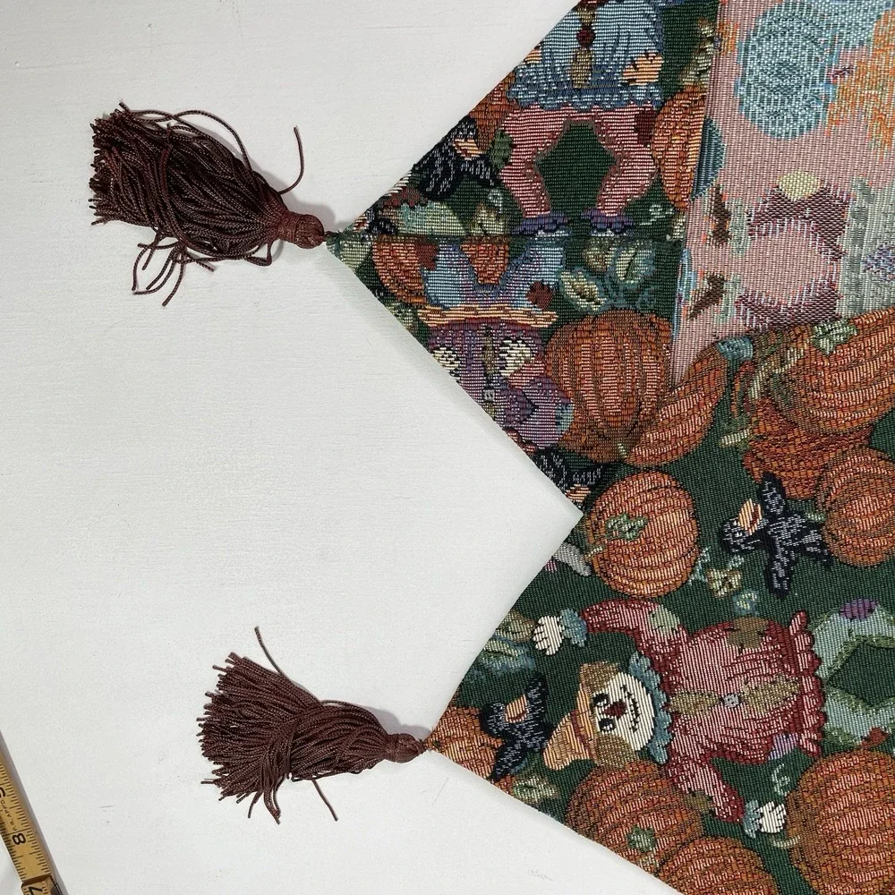Vintage Autumn Table Runner Fall Decor Pumpkin Scarecrow Brown Tassels 71 Inch